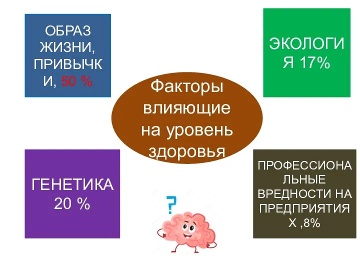 Факторы влияющие на уровень здоровья ОБРАЗ ЖИЗНИ, ПРИВЫЧКИ, 50 % ГЕНЕТИКА 20