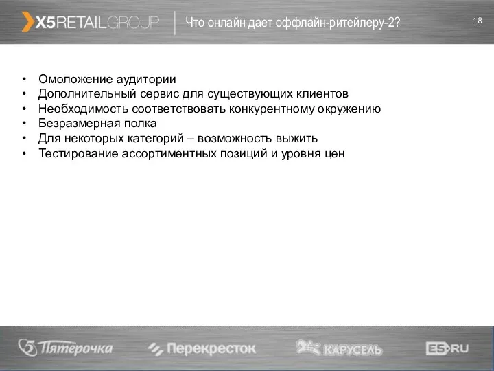 Что онлайн дает оффлайн-ритейлеру-2? Омоложение аудитории Дополнительный сервис для существующих клиентов Необходимость