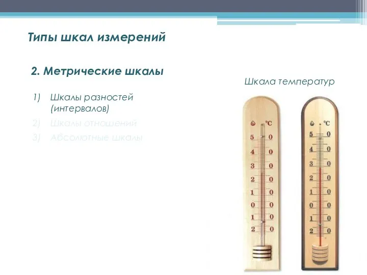 2. Метрические шкалы Шкалы разностей (интервалов) Шкалы отношений Абсолютные шкалы Типы шкал измерений Шкала температур