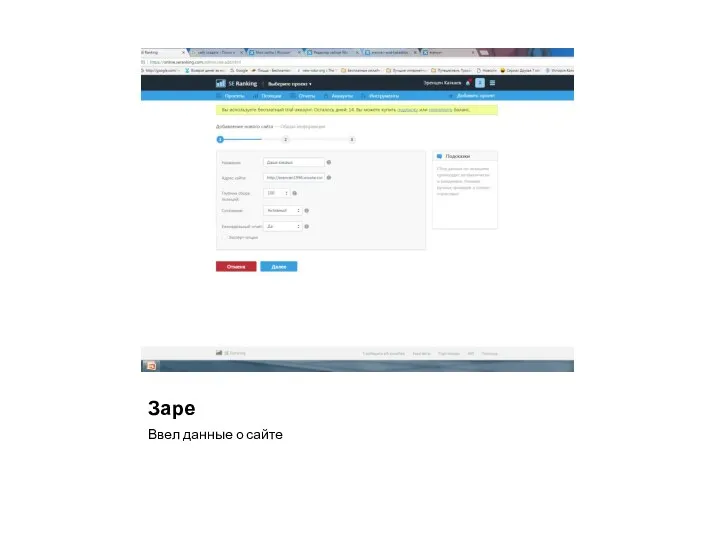 Заре Ввел данные о сайте