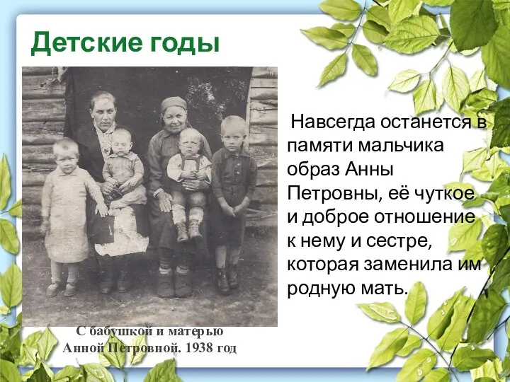 Детские годы Навсегда останется в памяти мальчика образ Анны Петровны, её чуткое