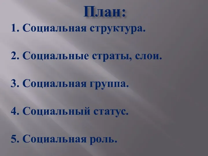 План: 1. Социальная структура. 2. Социальные страты, слои. 3. Социальная группа. 4.