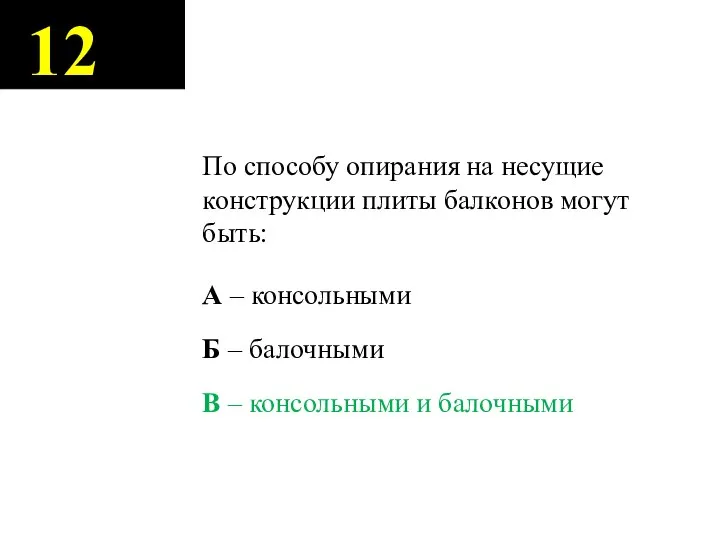 12 По способу опирания на несущие конструкции плиты балконов могут быть: А