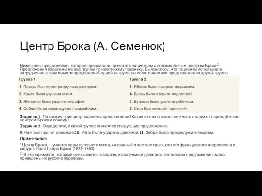 Центр Брока (А. Семенюк) Ниже даны предложения, которые предлагали прочитать пациентам с