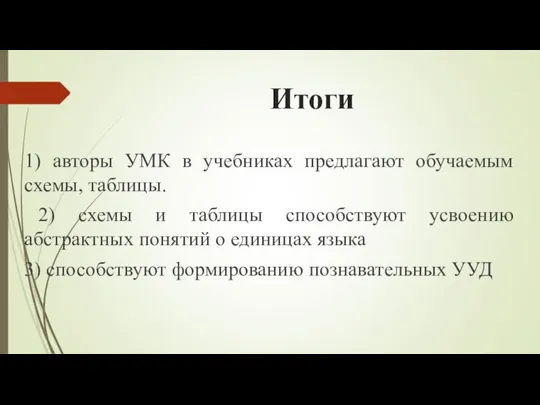 Итоги 1) авторы УМК в учебниках предлагают обучаемым схемы, таблицы. 2) схемы