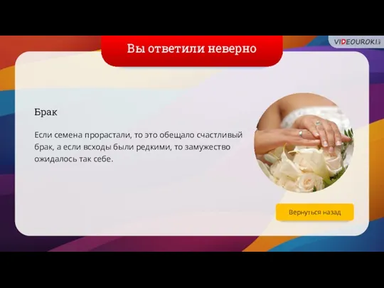 Вы ответили неверно Брак Если семена прорастали, то это обещало счастливый брак,