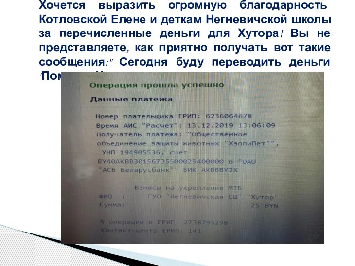 Хочется выразить огромную благодарность Котловской Елене и деткам Негневичской школы за перечисленные