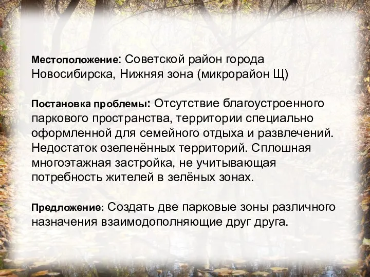 Местоположение: Советской район города Новосибирска, Нижняя зона (микрорайон Щ) Постановка проблемы: Отсутствие