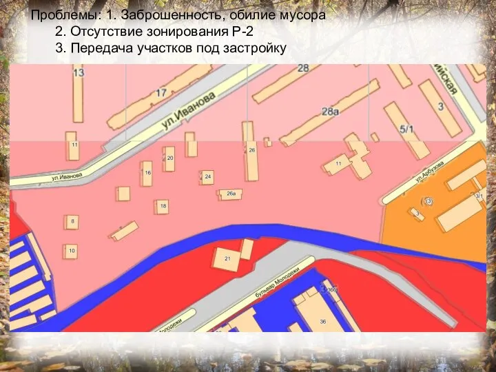 Проблемы: 1. Заброшенность, обилие мусора 2. Отсутствие зонирования Р-2 3. Передача участков под застройку