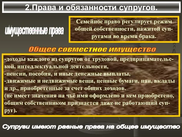 2.Права и обязанности супругов. имущественные права Семейное право регулирует режим общей собственности,