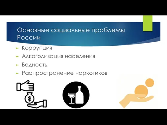 Основные социальные проблемы России Коррупция Алкоголизация населения Бедность Распространение наркотиков