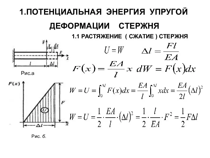 1.ПОТЕНЦИАЛЬНАЯ ЭНЕРГИЯ УПРУГОЙ ДЕФОРМАЦИИ СТЕРЖНЯ 1.1 РАСТЯЖЕНИЕ ( СЖАТИЕ ) СТЕРЖНЯ Рис.а Рис. б.