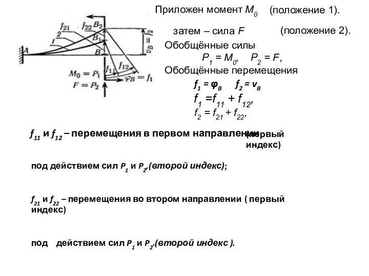 Приложен момент М0 затем – сила F (положение 1). (положение 2). Обобщённые