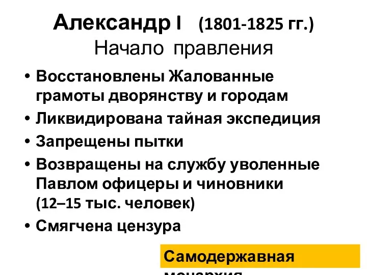 Александр I (1801-1825 гг.) Начало правления Восстановлены Жалованные грамоты дворянству и городам