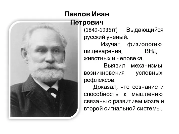 (1849-1936гг) – Выдающийся русский ученый. Изучал физиологию пищеварения, ВНД животных и человека.