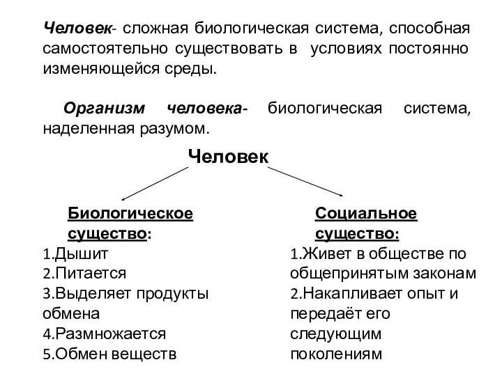 Человек- сложная биологическая система, способная самостоятельно существовать в условиях постоянно изменяющейся среды.