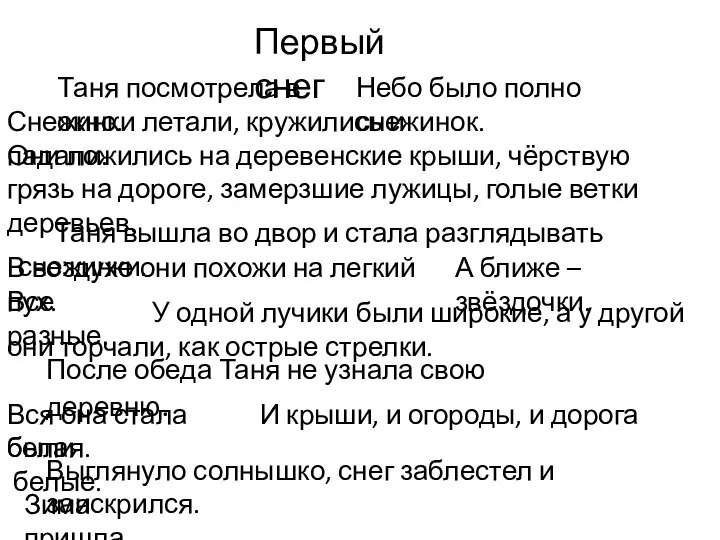 Первый снег Таня посмотрела в окно. Небо было полно снежинок. Снежинки летали,