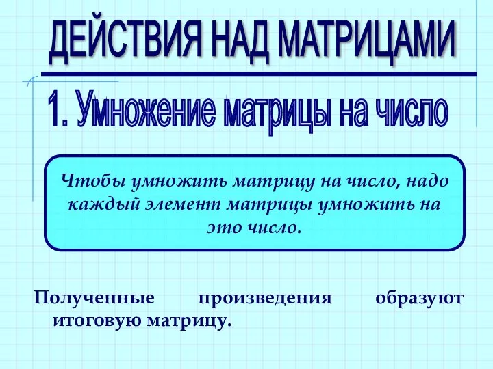 ДЕЙСТВИЯ НАД МАТРИЦАМИ 1. Умножение матрицы на число Чтобы умножить матрицу на