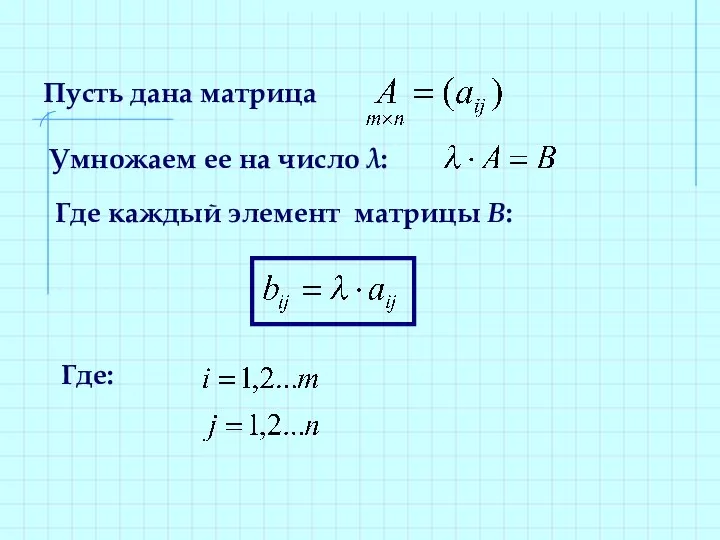 Пусть дана матрица Умножаем ее на число λ: Где каждый элемент матрицы В: Где: