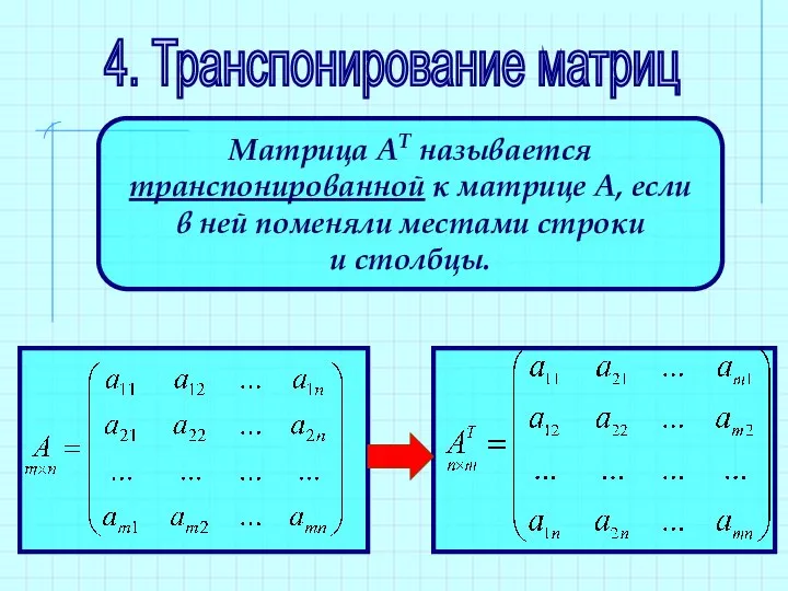 4. Транспонирование матриц Матрица АТ называется транспонированной к матрице А, если в