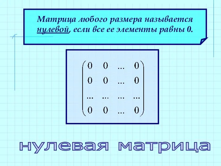 Матрица любого размера называется нулевой, если все ее элементы равны 0. нулевая матрица