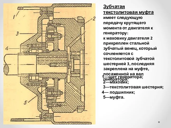 Зубчатая текстолитовая муфта имеет следующую передачу крутящего момента от двигателя к генератору: