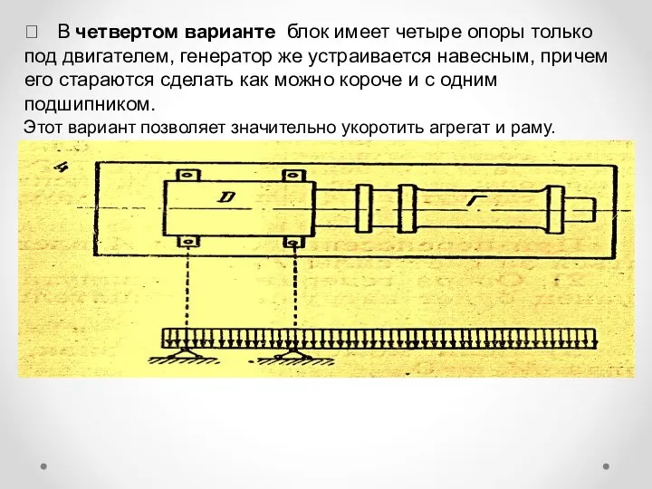  В четвертом варианте блок имеет четыре опоры только под двигателем, генератор