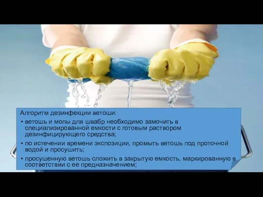 Алгоритм дезинфекции ветоши: ветошь и мопы для швабр необходимо замочить в специализированной