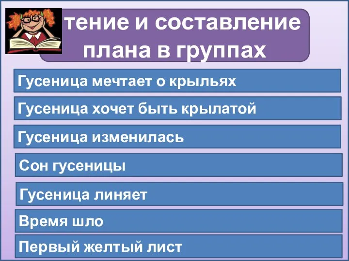 Чтение и составление плана в группах Гусеница мечтает о крыльях Гусеница хочет