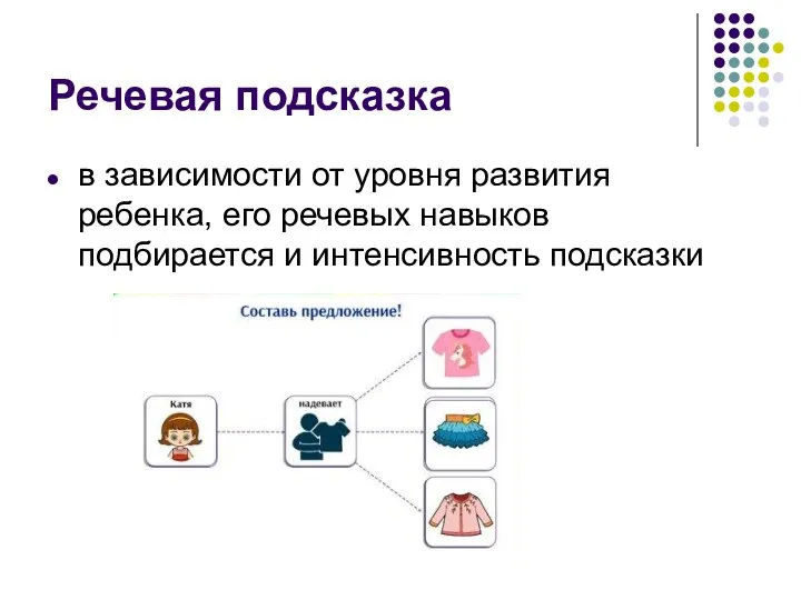 Речевая подсказка в зависимости от уровня развития ребенка, его речевых навыков подбирается и интенсивность подсказки