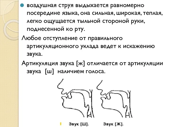 воздушная струя выдыхается равномерно посередине языка, она сильная, широкая, теплая, легко ощущается