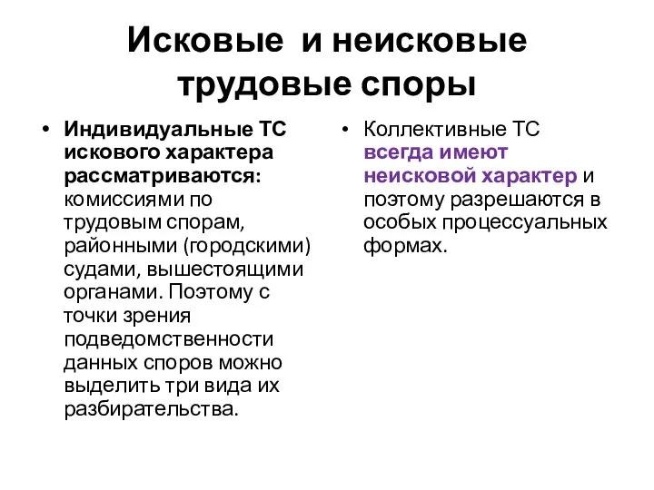 Исковые и неисковые трудовые споры Индивидуальные ТС искового характера рассматриваются: комиссиями по