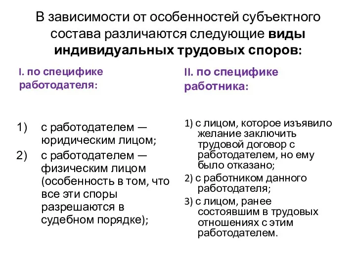 В зависимости от особенностей субъектного состава различаются следующие виды индивидуальных трудовых споров: