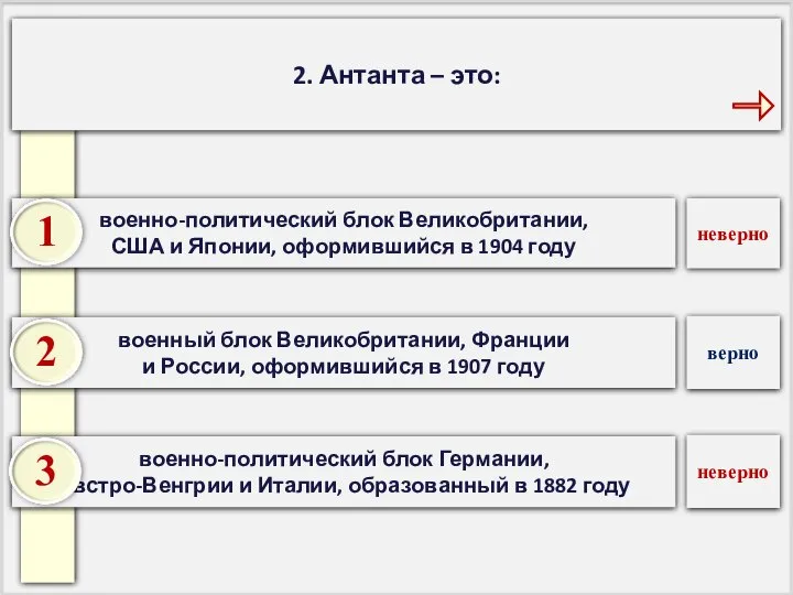 2. Антанта – это: военно-политический блок Германии, Австро-Венгрии и Италии, образованный в