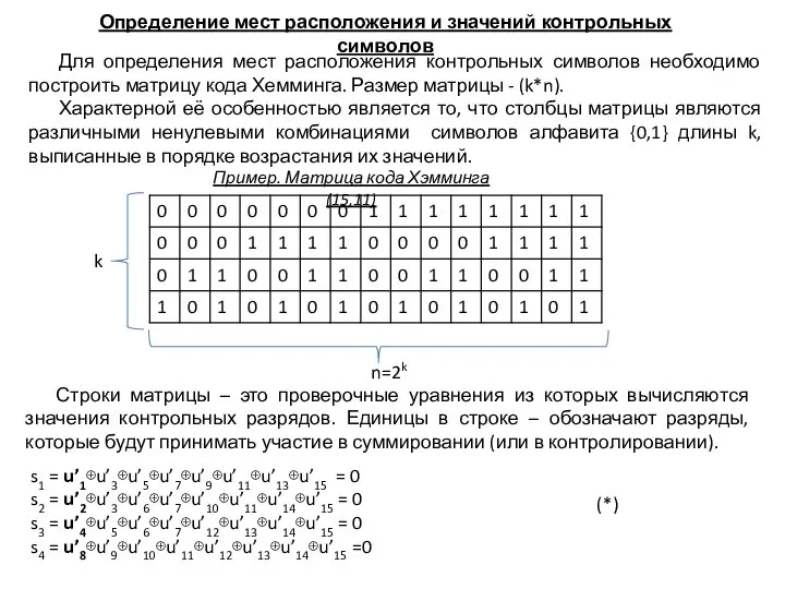 Пример. Матрица кода Хэмминга (15,11) Определение мест расположения и значений контрольных символов
