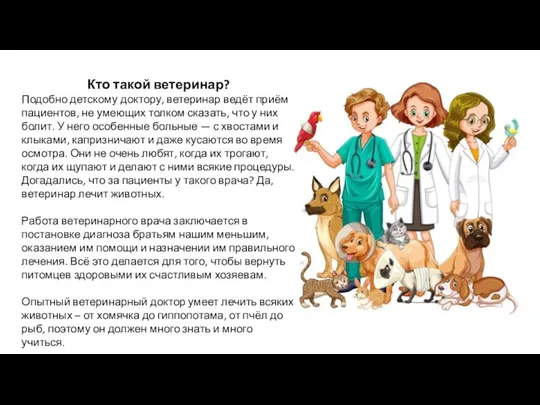 Кто такой ветеринар? Подобно детскому доктору, ветеринар ведёт приём пациентов, не умеющих