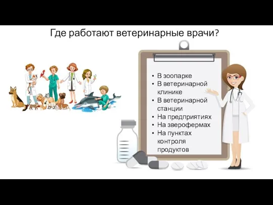 Где работают ветеринарные врачи? В зоопарке В ветеринарной клинике В ветеринарной станции