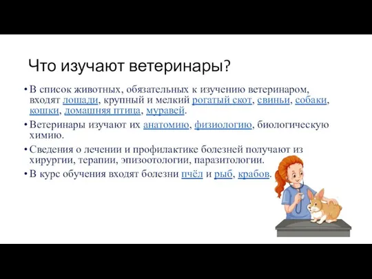 Что изучают ветеринары? В список животных, обязательных к изучению ветеринаром, входят лошади,