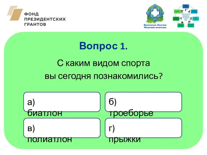 С каким видом спорта вы сегодня познакомились? Вопрос 1. а) биатлон в)