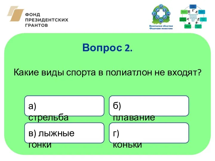 Какие виды спорта в полиатлон не входят? Вопрос 2. а) стрельба в)