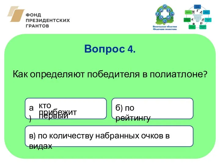 Вопрос 4. а) в) по количеству набранных очков в видах б) по