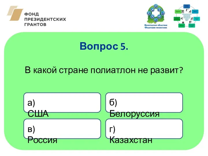 В какой стране полиатлон не развит? Вопрос 5. а) США в) Россия б) Белоруссия г) Казахстан