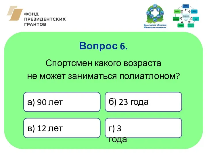 Спортсмен какого возраста не может заниматься полиатлоном? Вопрос 6. а) 90 лет