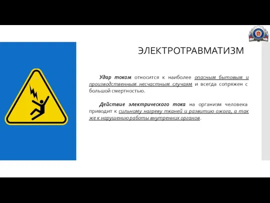 ЭЛЕКТРОТРАВМАТИЗМ Удар током относится к наиболее опасным бытовым и производственным несчастным случаям