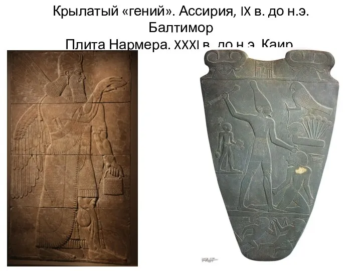 Крылатый «гений». Ассирия, IX в. до н.э. Балтимор Плита Нармера. XXXI в. до н.э. Каир.