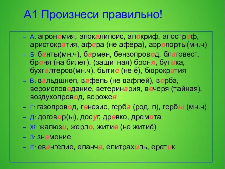 А1 Произнеси правильно! А: агрономия, апокалипсис, апокриф, апостроф, аристократия, афера (не афёра),