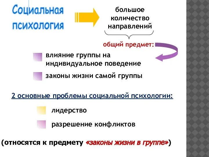 Социальная психология большое количество направлений общий предмет: влияние группы на индивидуальное поведение