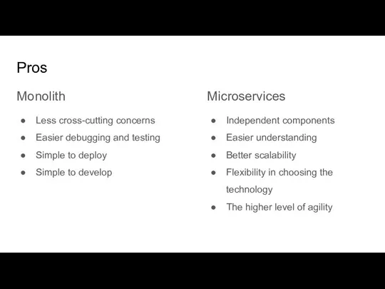 Pros Monolith Less cross-cutting concerns Easier debugging and testing Simple to deploy