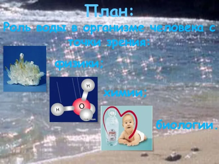 План: Роль воды в организме человека с точки зрения: физики; химии; биологии.