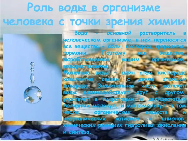 Роль воды в организме человека с точки зрения химии Вода - основной